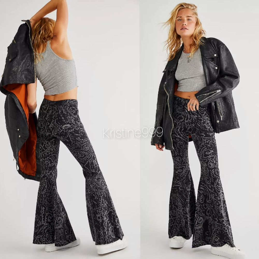 Free People Float On Flares in Printed Black Paisley Discharge